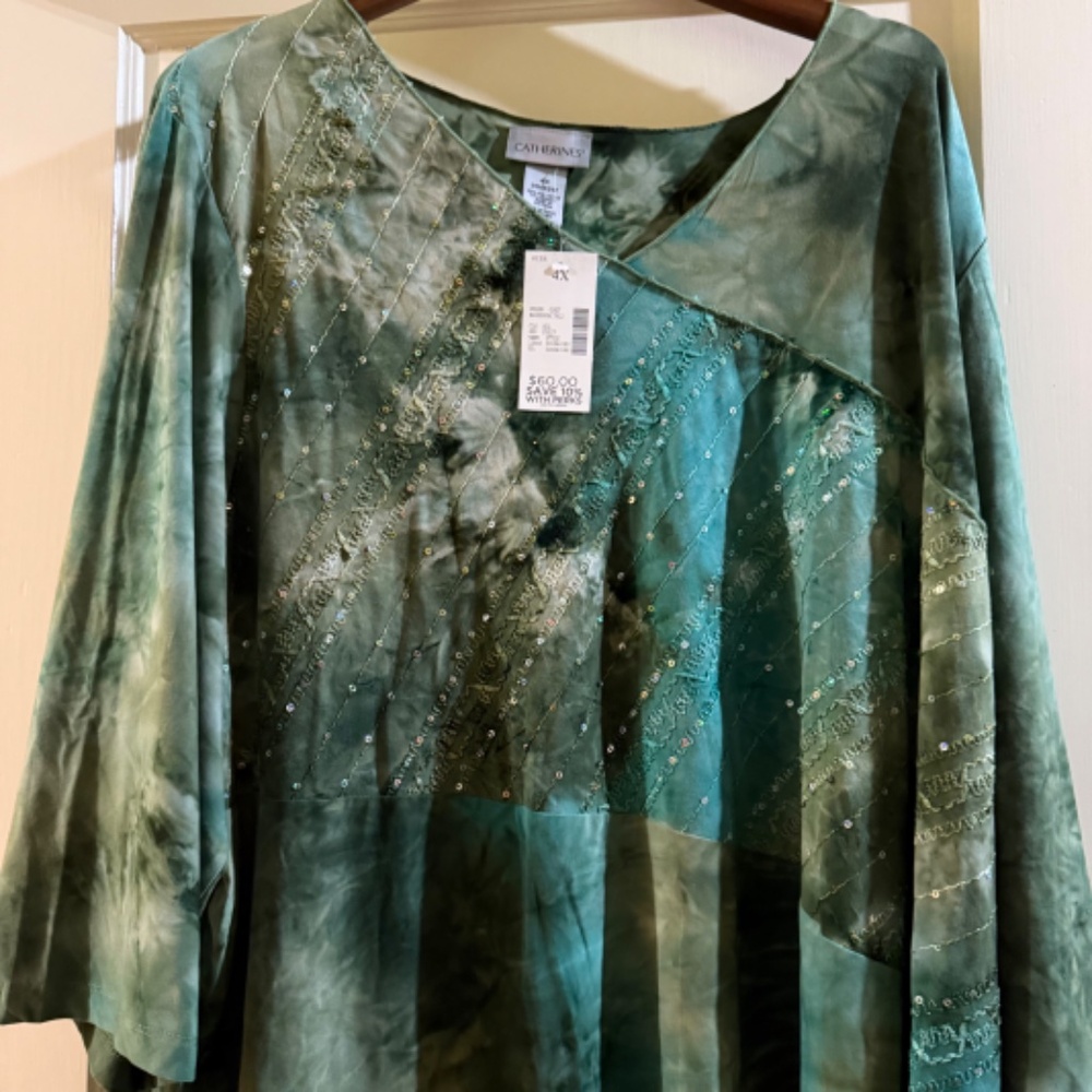 NWT 4X 30/32W Catherine's Sequin Embroidered Mixed Green 3/4 Sleeve Blouse